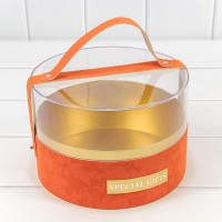 Коробка Круглая 21*14 бархатная с ручкой и прозрачной крышкой Оранжевый 1/16 Арт: 720102/2