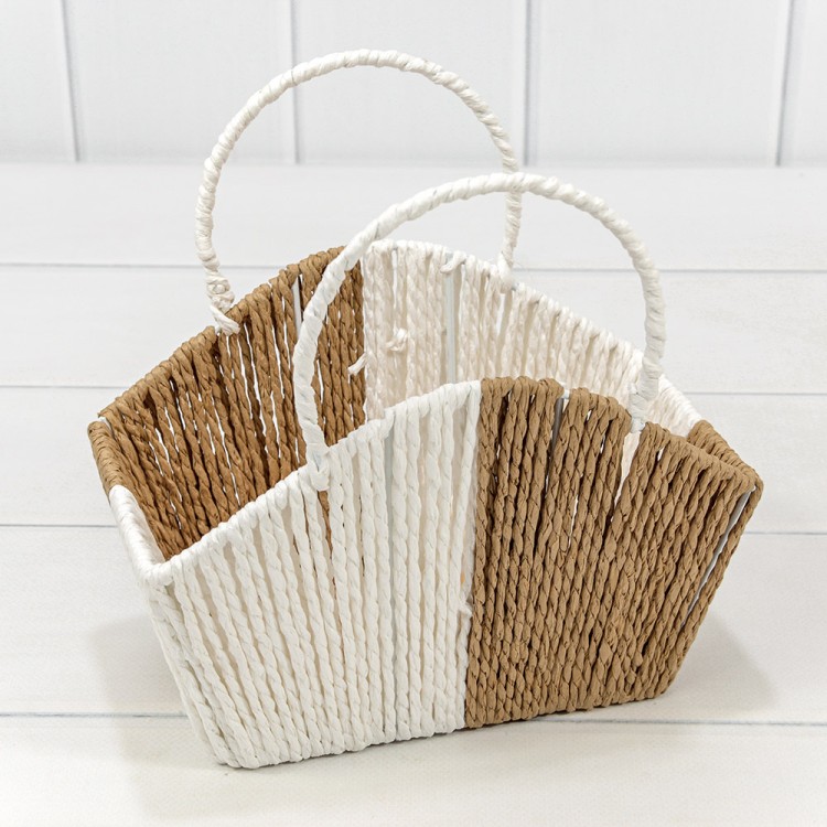 Корзина плетёная 21*12*10/15 (±5%) из бумаги с ручками Белый/Натуральный 1/80 Арт: 420223/49