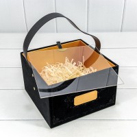 Коробка Квадратная 19*19*12 бархатная с ручкой и прозрачной крышкой Чёрный 1/24 Арт: 721811/1